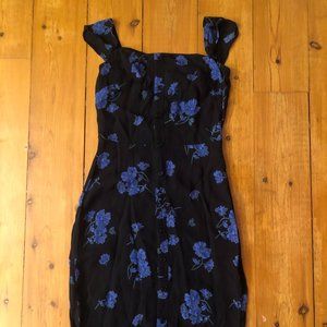 Reformation Dress XS/2 Midi Floral Print Off-Shoulder Flutter Sleeve Black/Blue